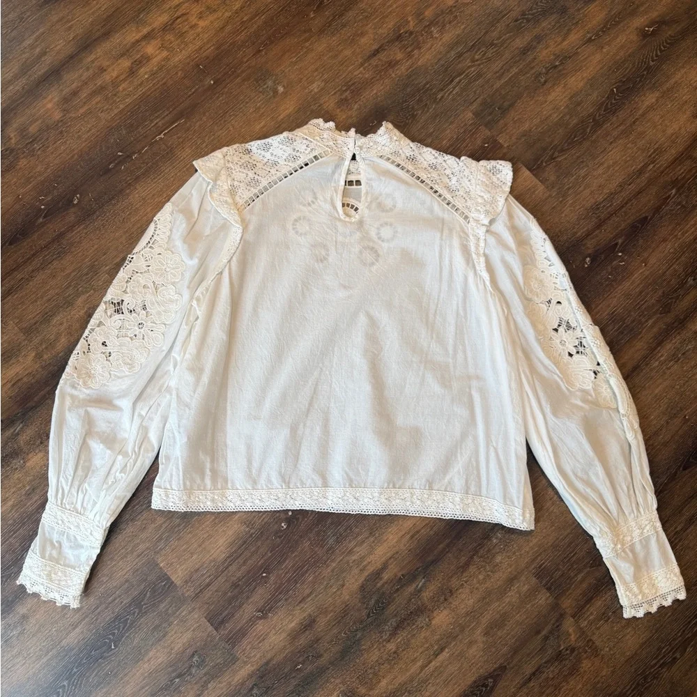 Farm Rio | Eyelet Lace Blouse Puff Sleeve Romantic Top | White | Size M